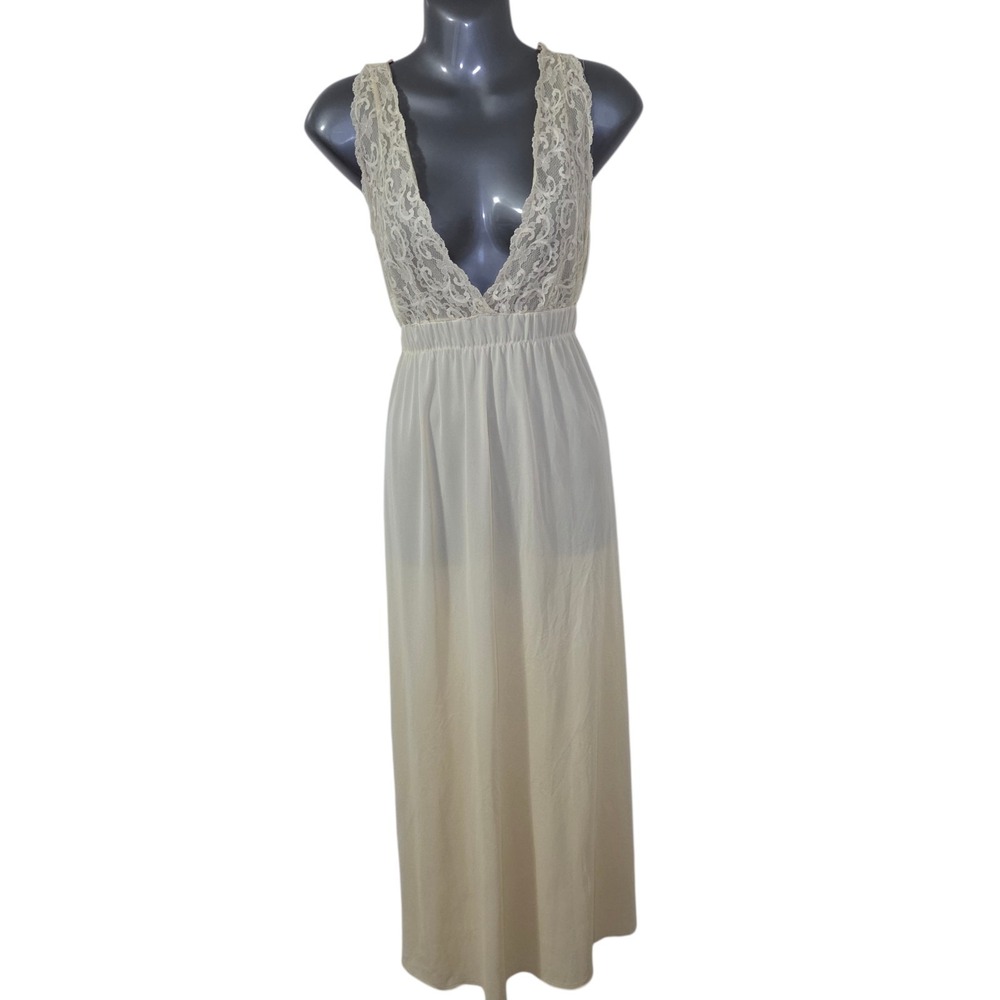 Vtg Yellow Ivory Lace Plunge Slip Nylon Lingerie Dress Size‎ L Romantic Boudoir